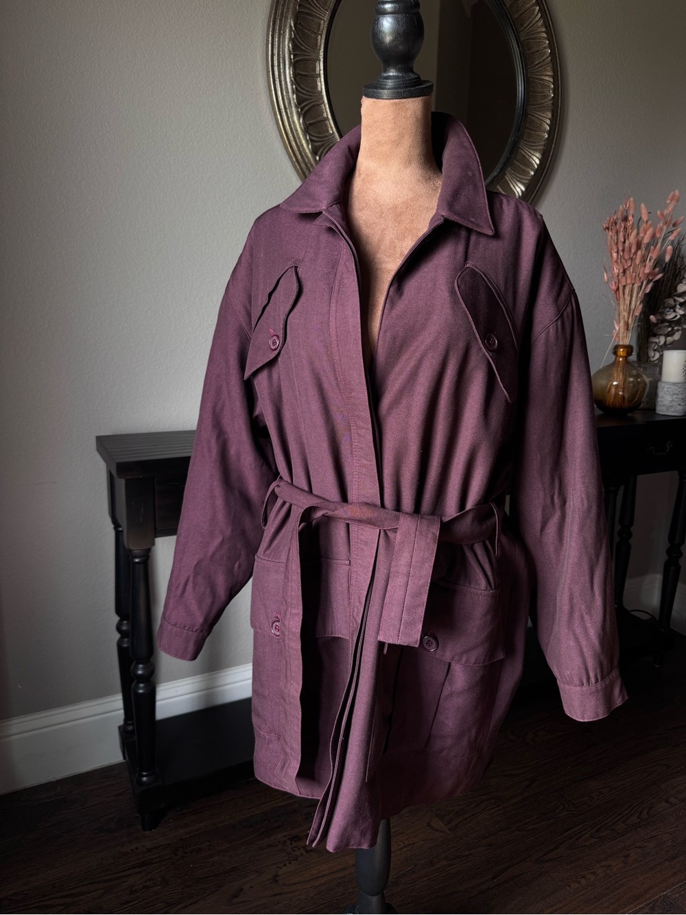 Trussardi Jeans | Vintage Belted Utility Safari Coat | Plum Size Large Italy